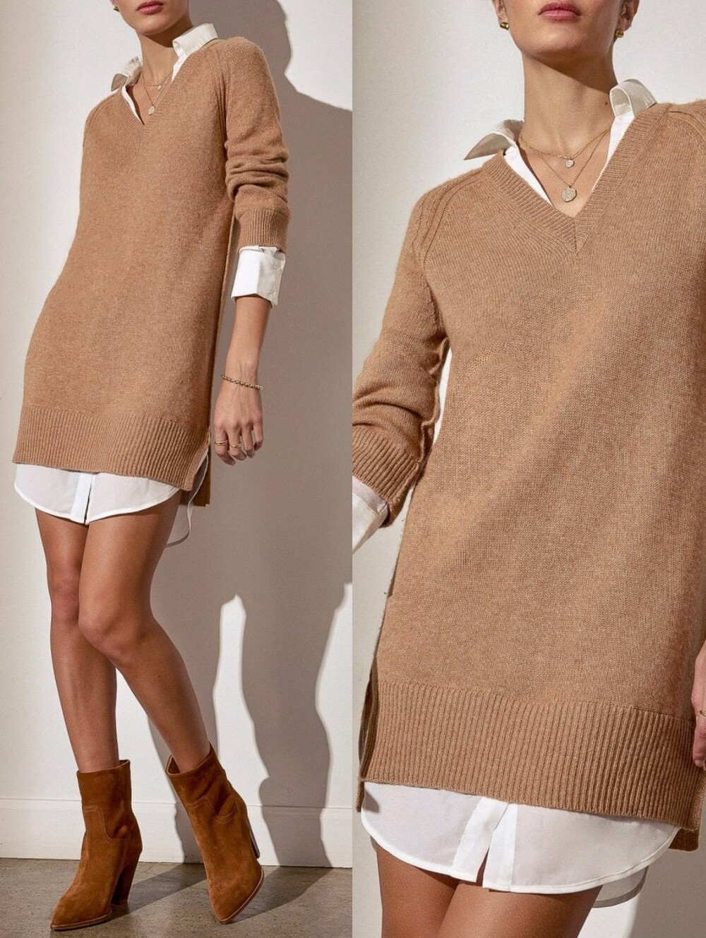EUC Brochu Walker The Looker Layered V-Neck Dress in Camel Melange